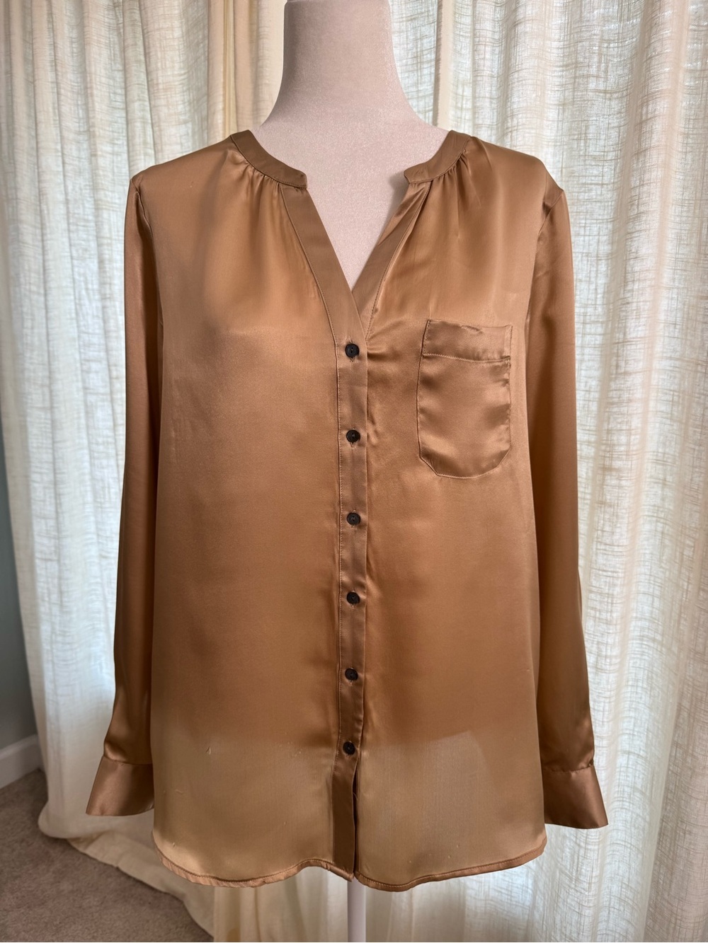 Silk Button Front Blouse in Champagne Gold  - Size L